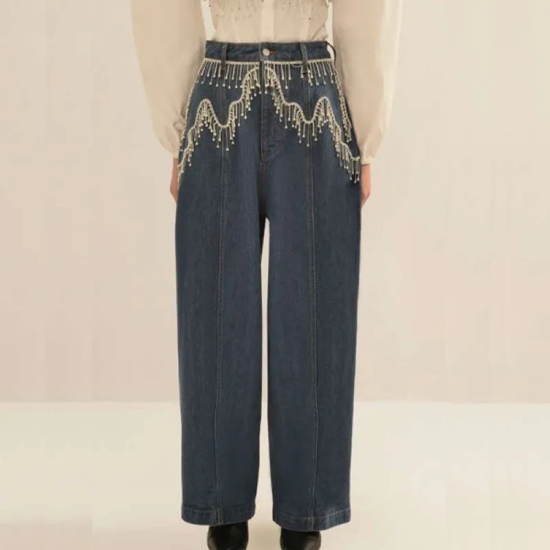 Blue Denim Pants With Crystals