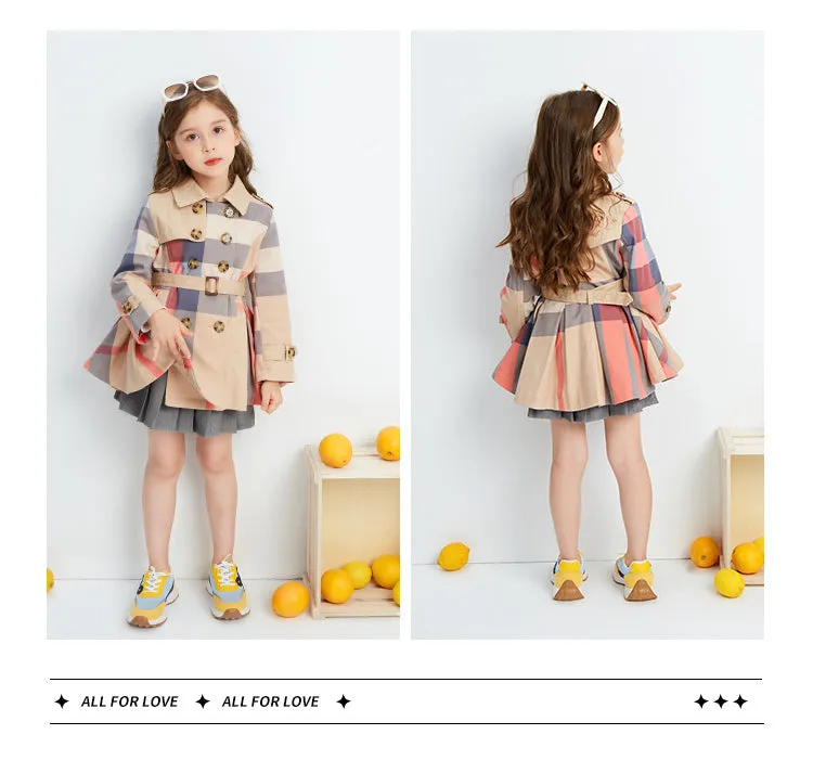 Girl Autumn Winter Teenage Long Sleeve Trench Jacket Kids Double Breasted Belted Windbreaker Coat