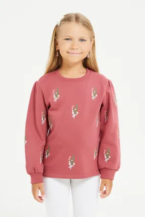 Girls Burgundy Embroidered Sweatshirt