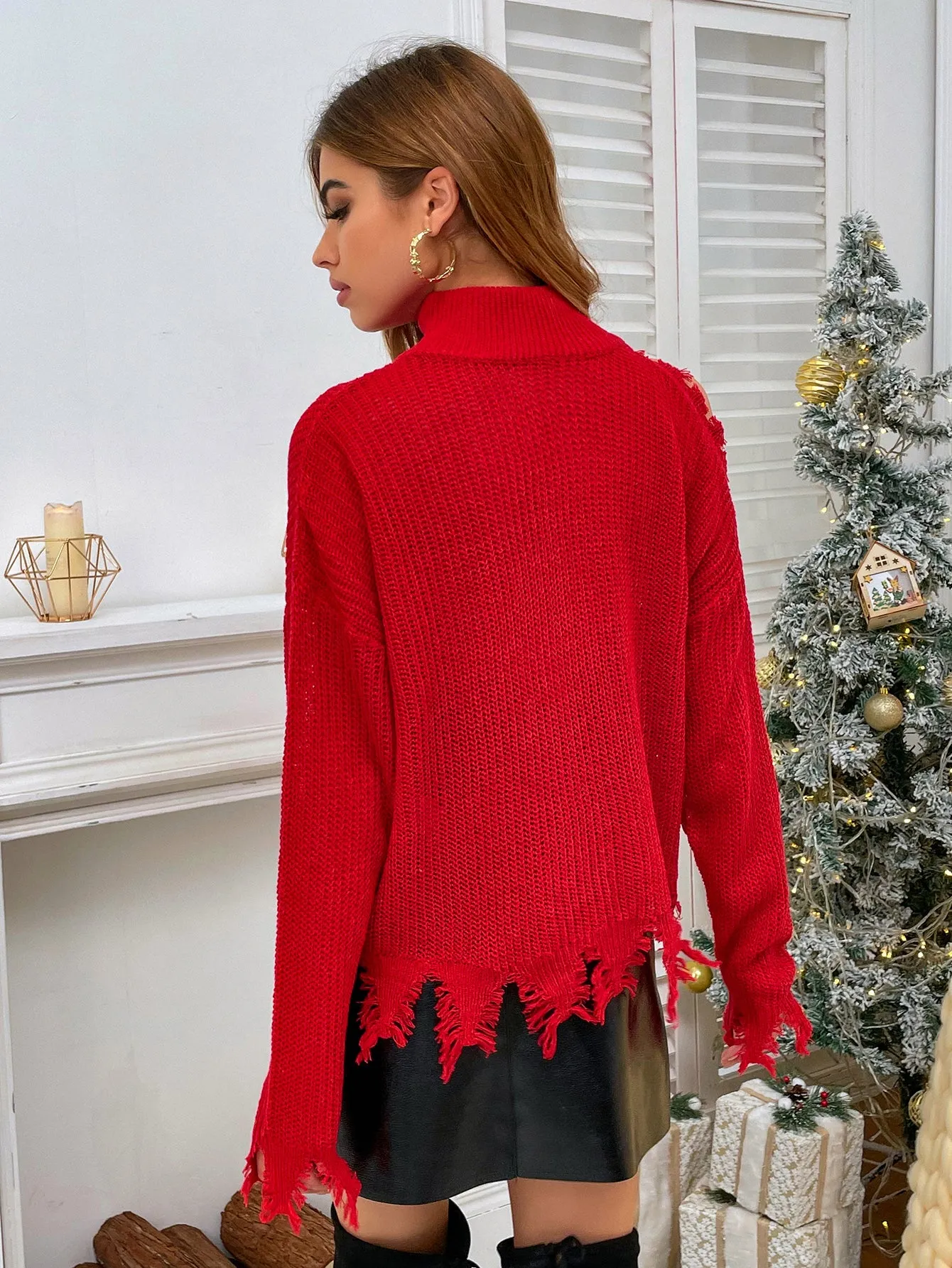 Holiday Snowflake Trees Cutting Drop Shoulder Red Knitted Sweater MYWU0081HO