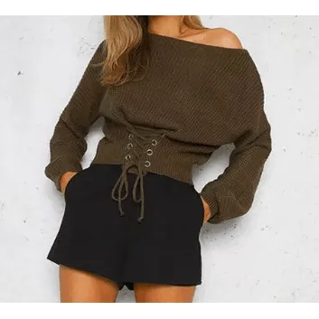 KNITTED WOMENS SWEATER WITH LACE-UP IN FRONT