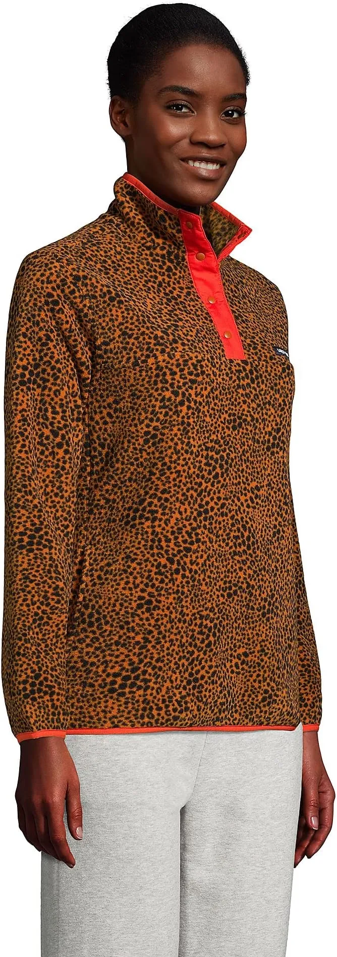 Lands' End Women's Snap Neck Heritage Fleece Pullover Leopard Print