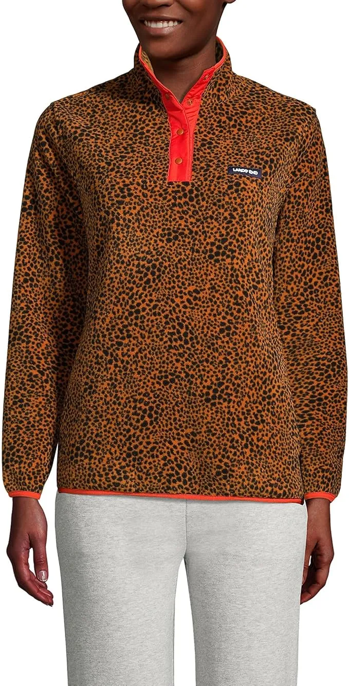 Lands' End Women's Snap Neck Heritage Fleece Pullover Leopard Print