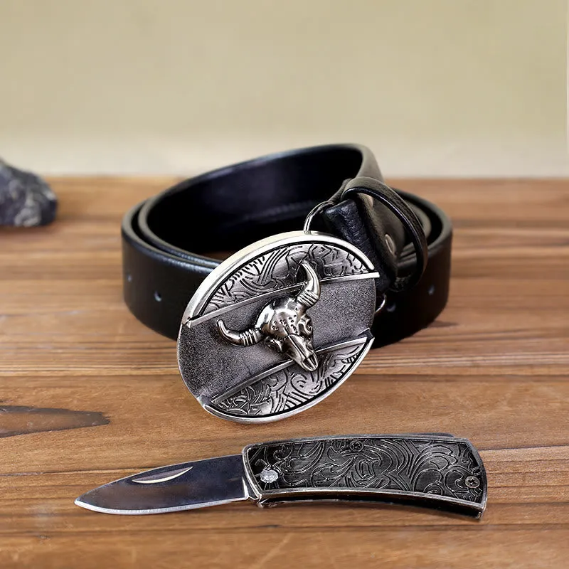 Men's Bull Head Leather Belt With Folding Knife