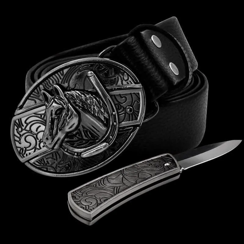 Men's Horse Head Leather Belt With Folding Knife