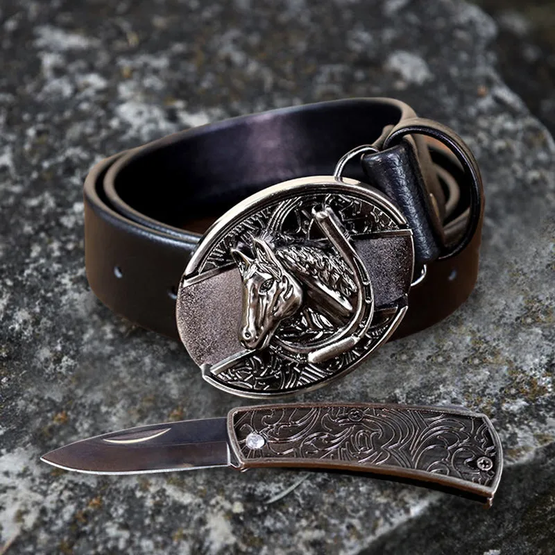 Men's Horse Head Leather Belt With Folding Knife