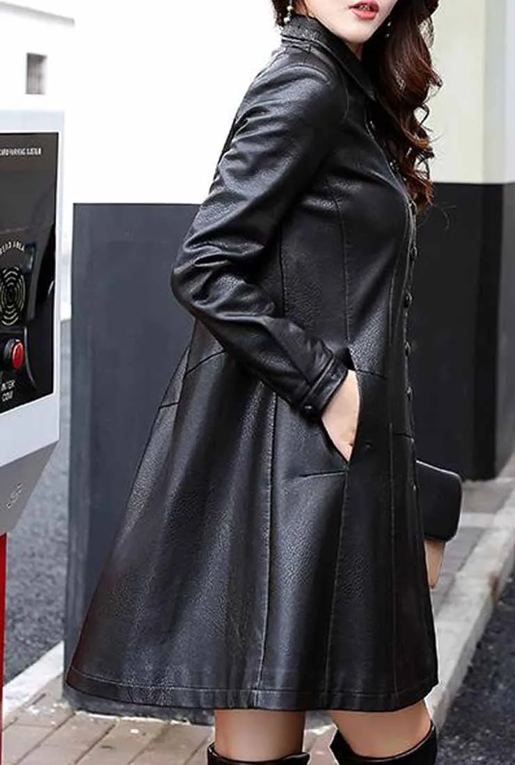 Mid-length Leather A-line Trench Coat