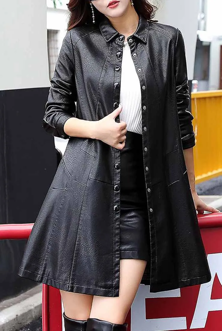 Mid-length Leather A-line Trench Coat