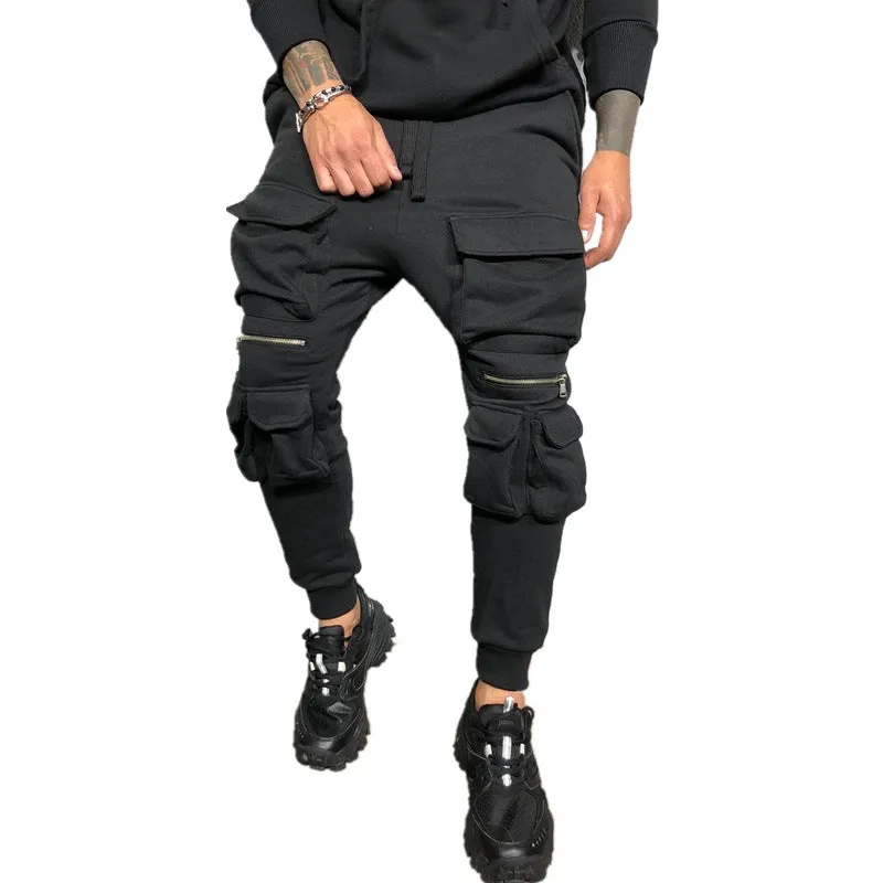 Multi pocket zipper hip hop fitness slim fashion casual sports trousers