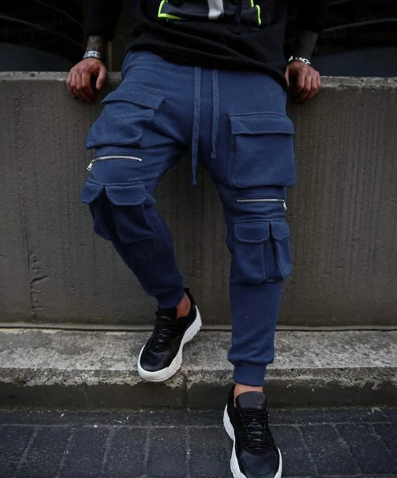 Multi pocket zipper hip hop fitness slim fashion casual sports trousers