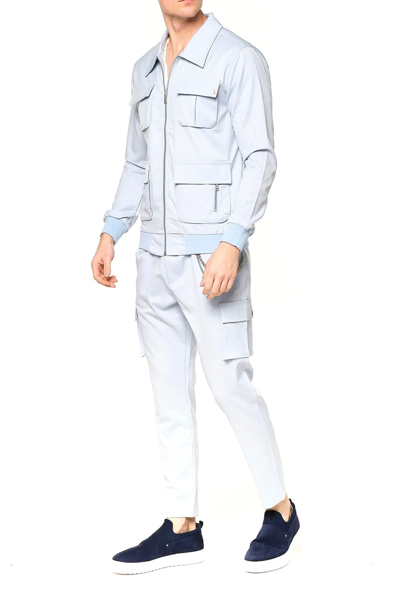 Pinstriped Utility Bomber Jacket - Light Blue