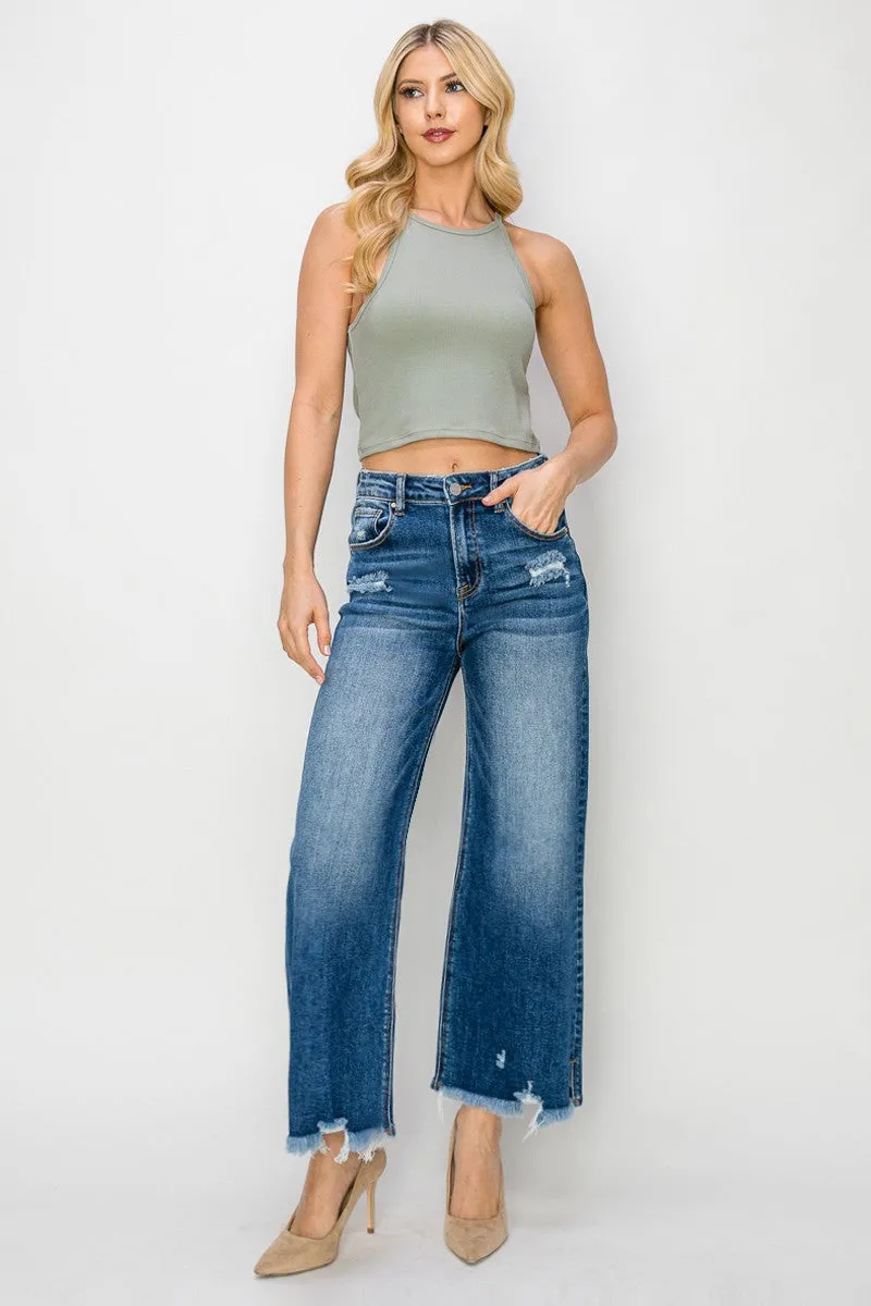 Risen Jeans - High Rise Side Slit with Frayed Hem Wide Jeans - RDP5590