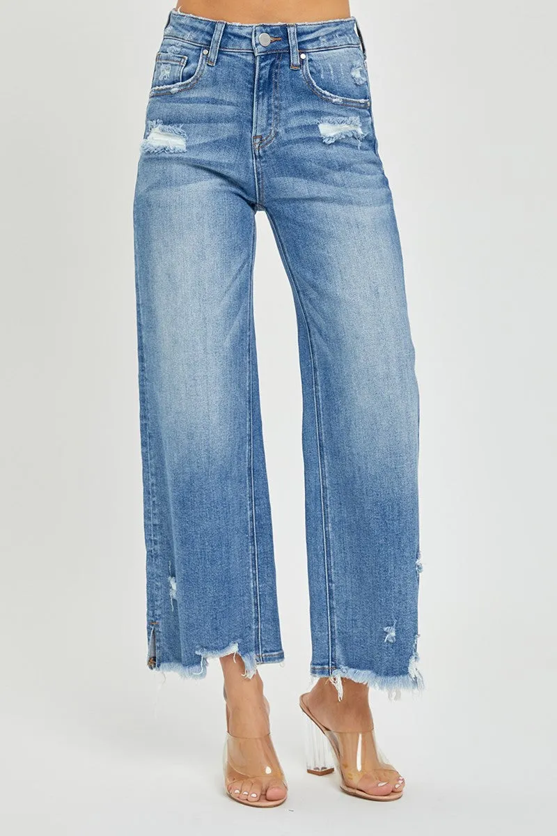 Risen Jeans - High Rise Side Slit with Frayed Hem Wide Jeans - RDP5590