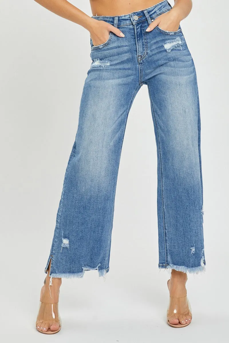 Risen Jeans - High Rise Side Slit with Frayed Hem Wide Jeans - RDP5590