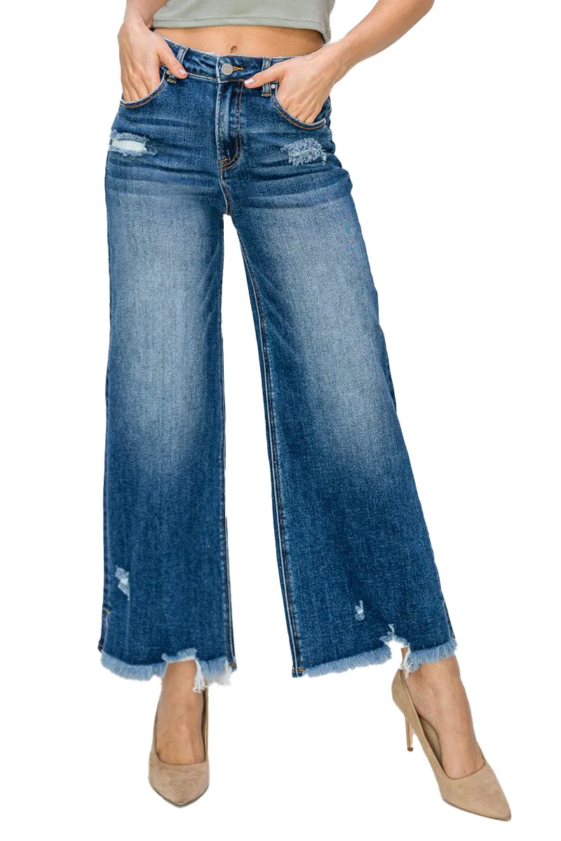 Risen Jeans - High Rise Side Slit with Frayed Hem Wide Jeans - RDP5590