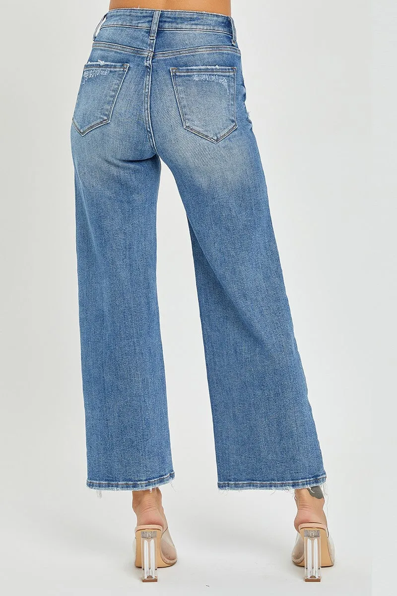 Risen Jeans - High Rise Side Slit with Frayed Hem Wide Jeans - RDP5590