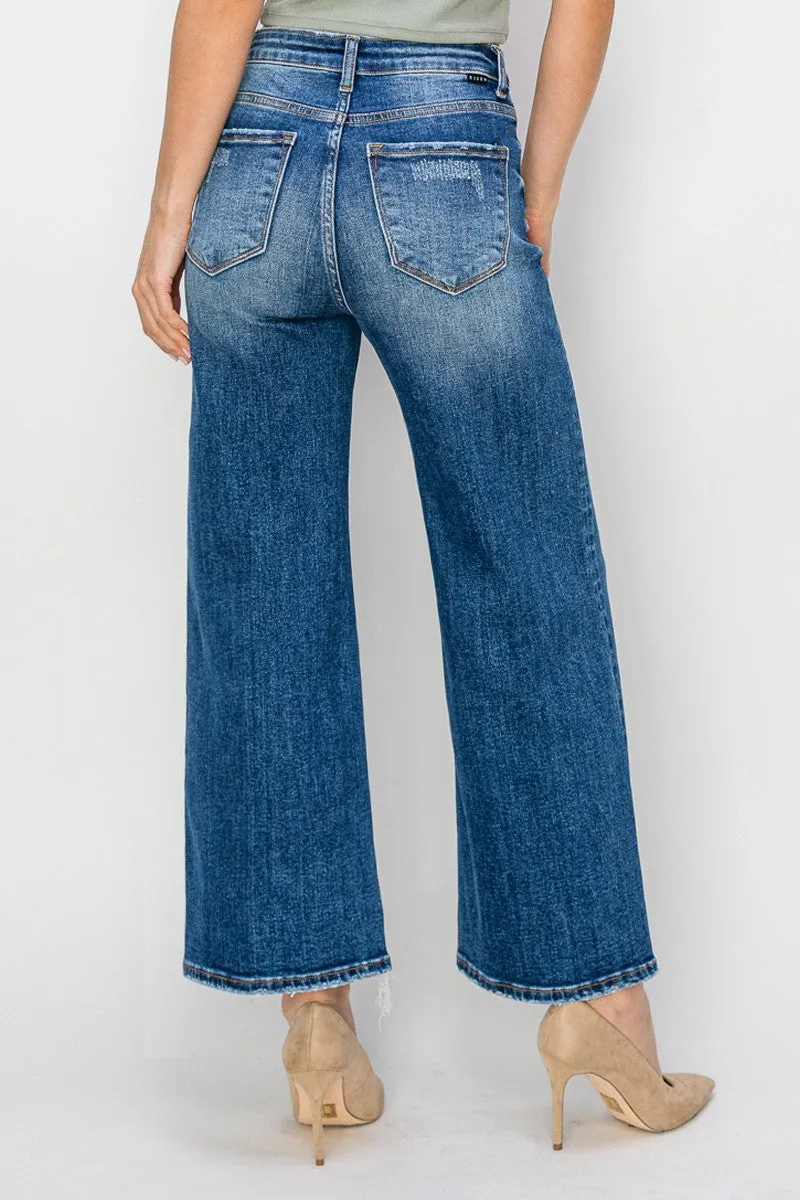 Risen Jeans - High Rise Side Slit with Frayed Hem Wide Jeans - RDP5590