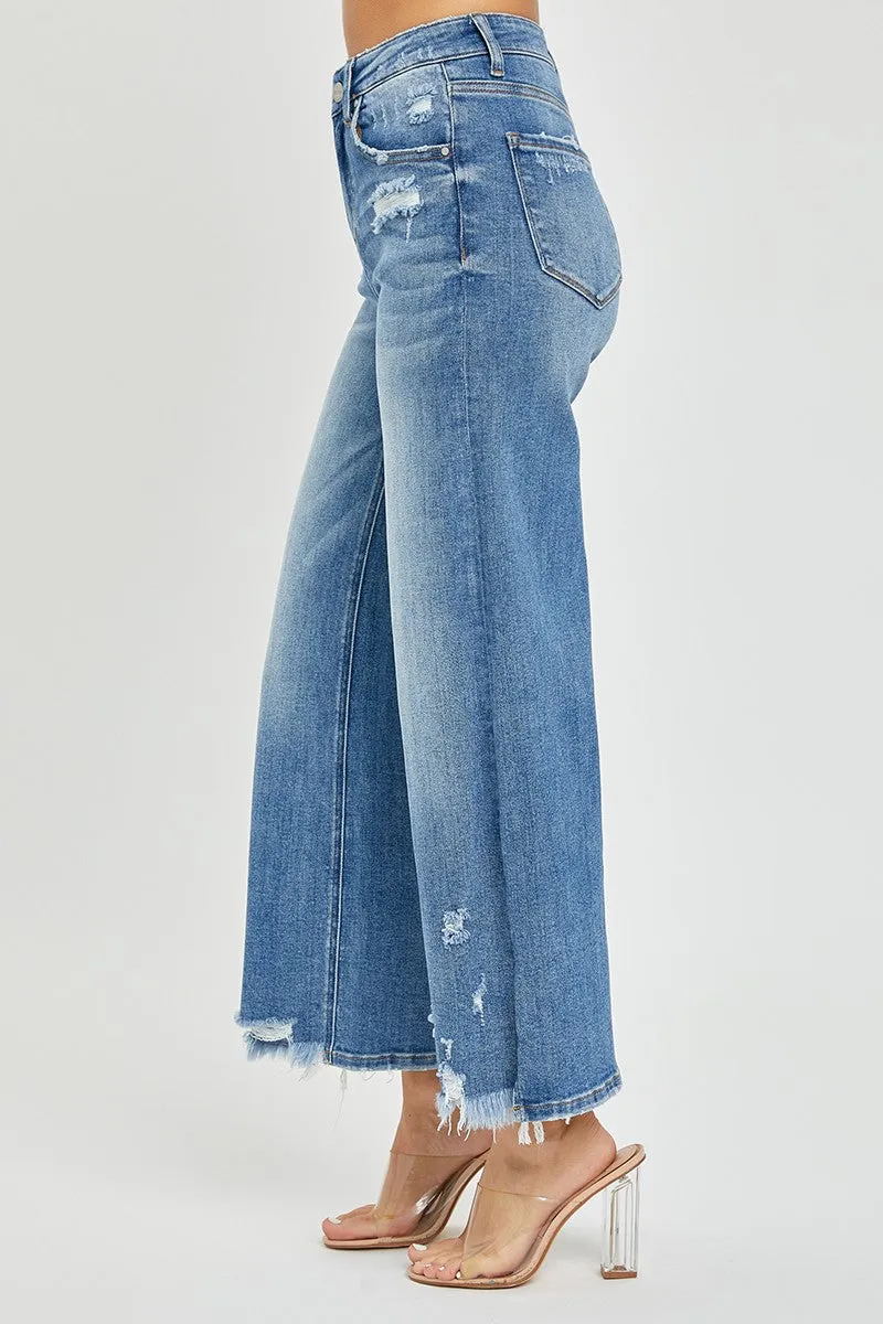 Risen Jeans - High Rise Side Slit with Frayed Hem Wide Jeans - RDP5590