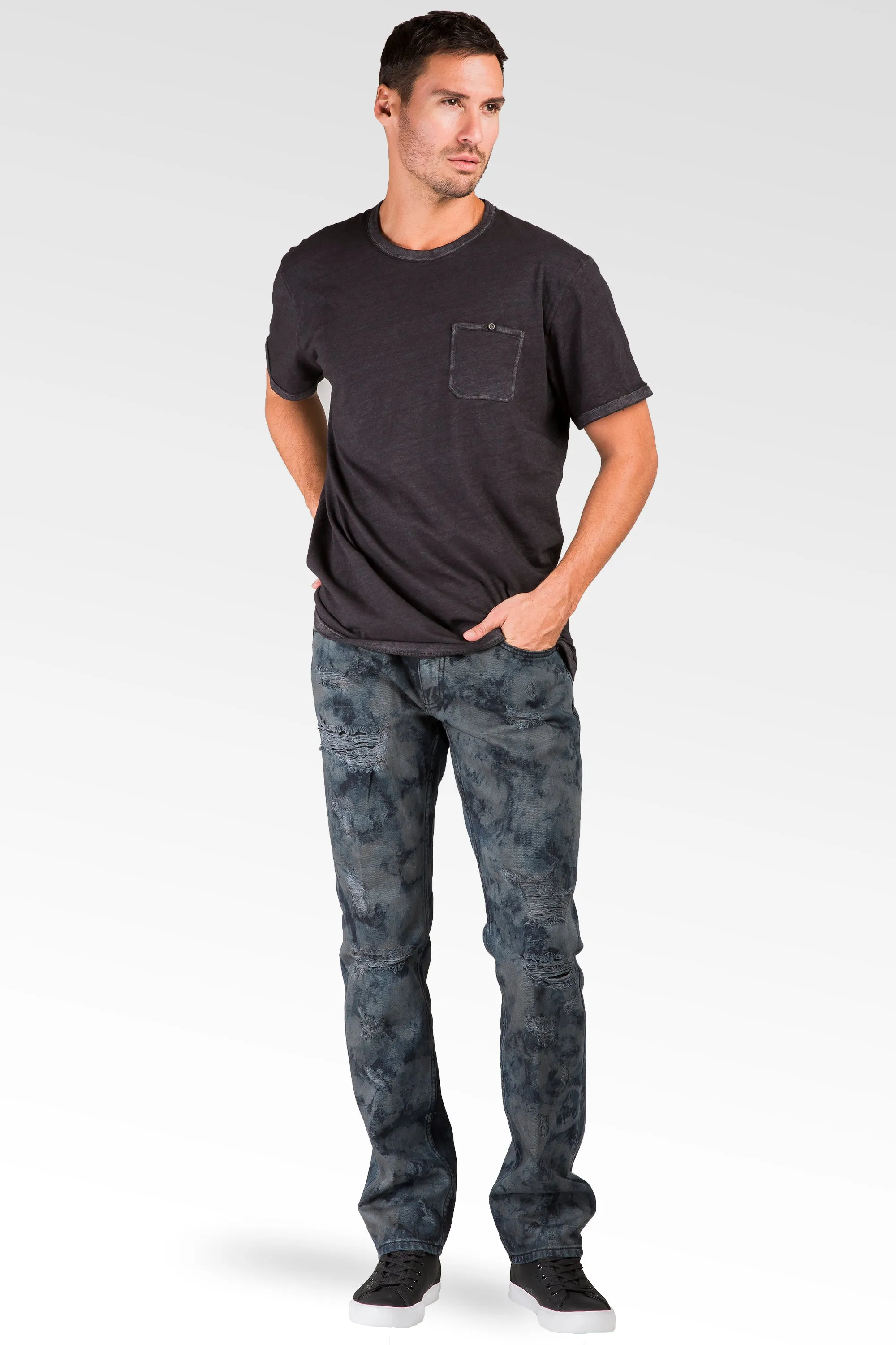 Slim Straight Midnight Blue Premium Denim Signature 5 Pocket Jeans Distressed Bleach Spotting