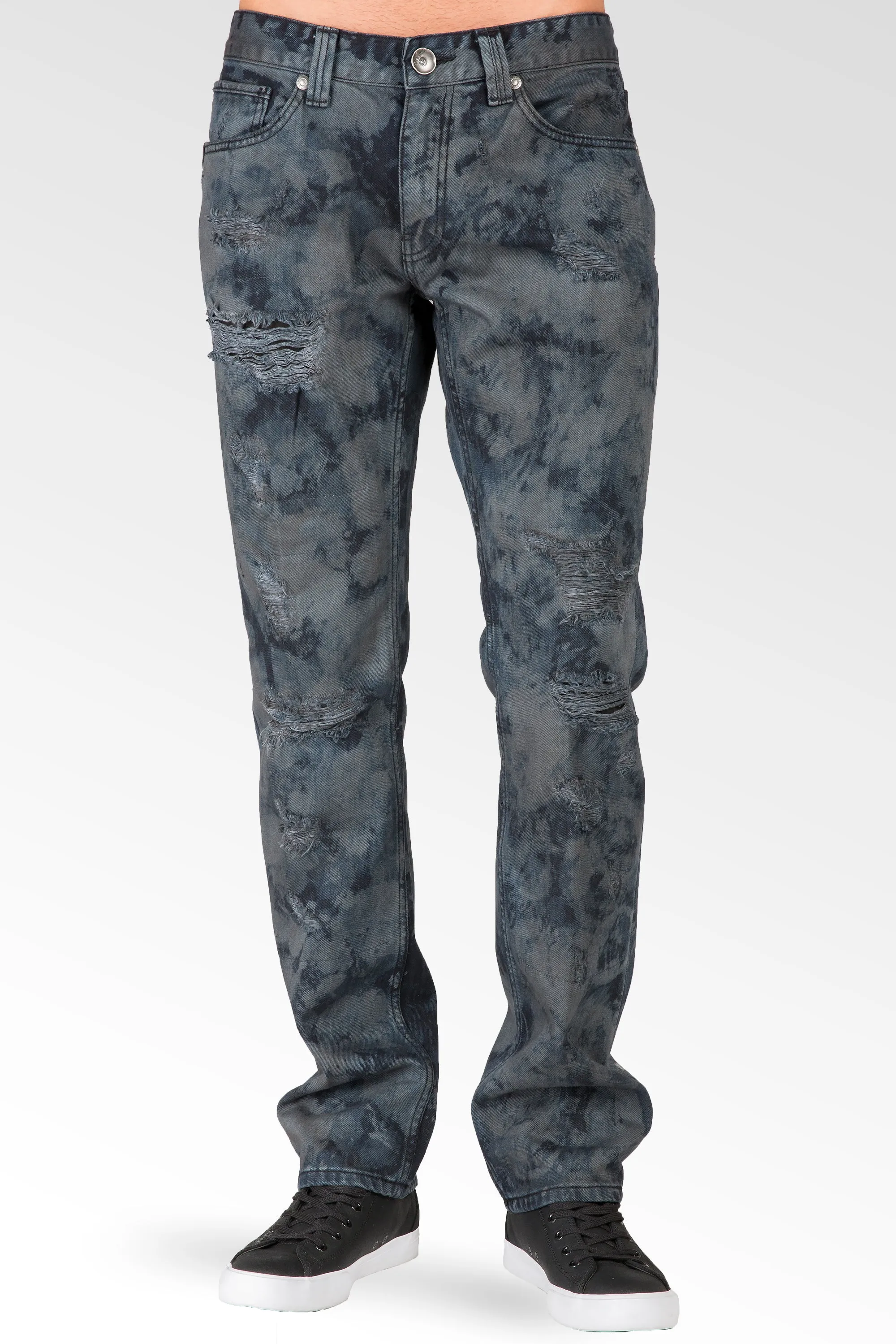 Slim Straight Midnight Blue Premium Denim Signature 5 Pocket Jeans Distressed Bleach Spotting