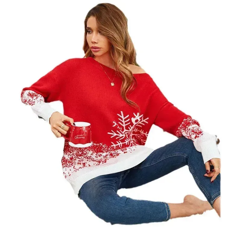 Snowflake Off-the-shoulder Cashmere Christmas Sweater top Women