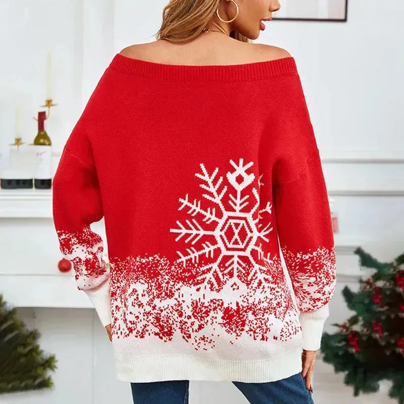 Snowflake Off-the-shoulder Cashmere Christmas Sweater top Women