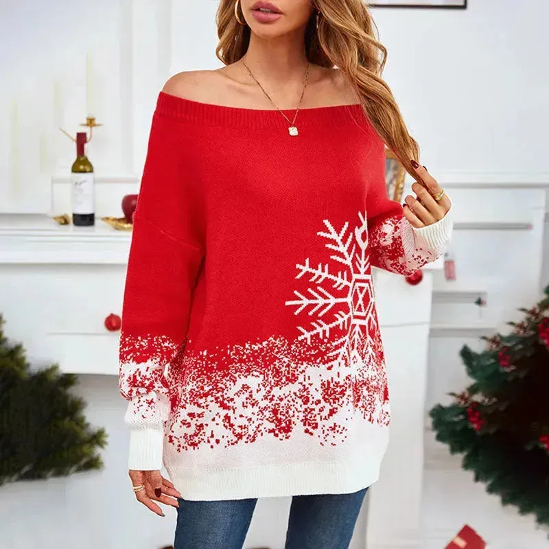 Snowflake Off-the-shoulder Cashmere Christmas Sweater top Women