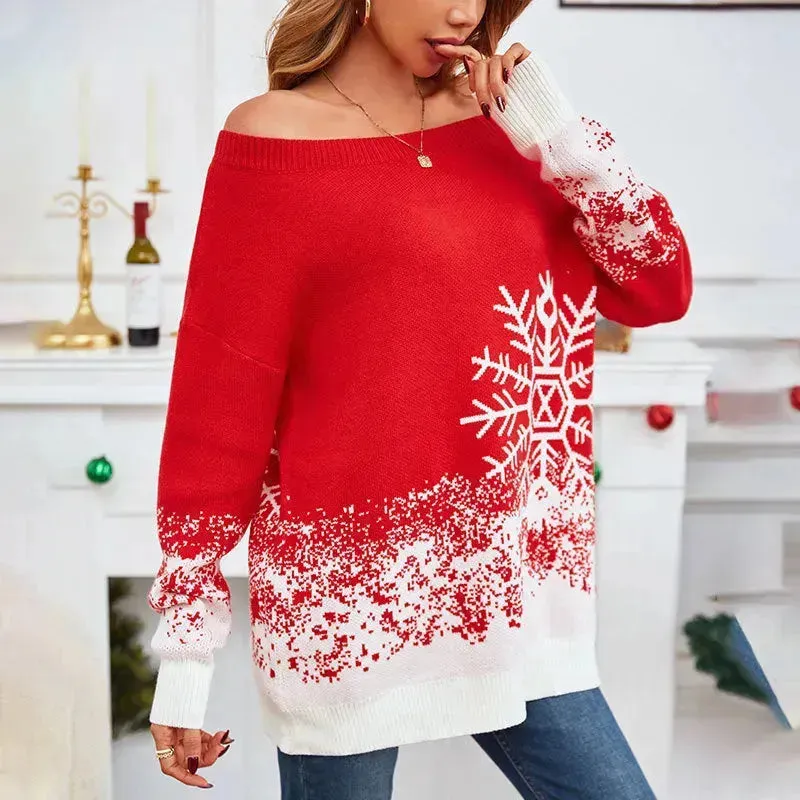 Snowflake Off-the-shoulder Cashmere Christmas Sweater top Women