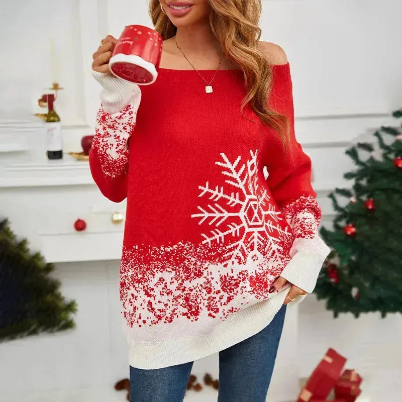 Snowflake Off-the-shoulder Cashmere Christmas Sweater top Women