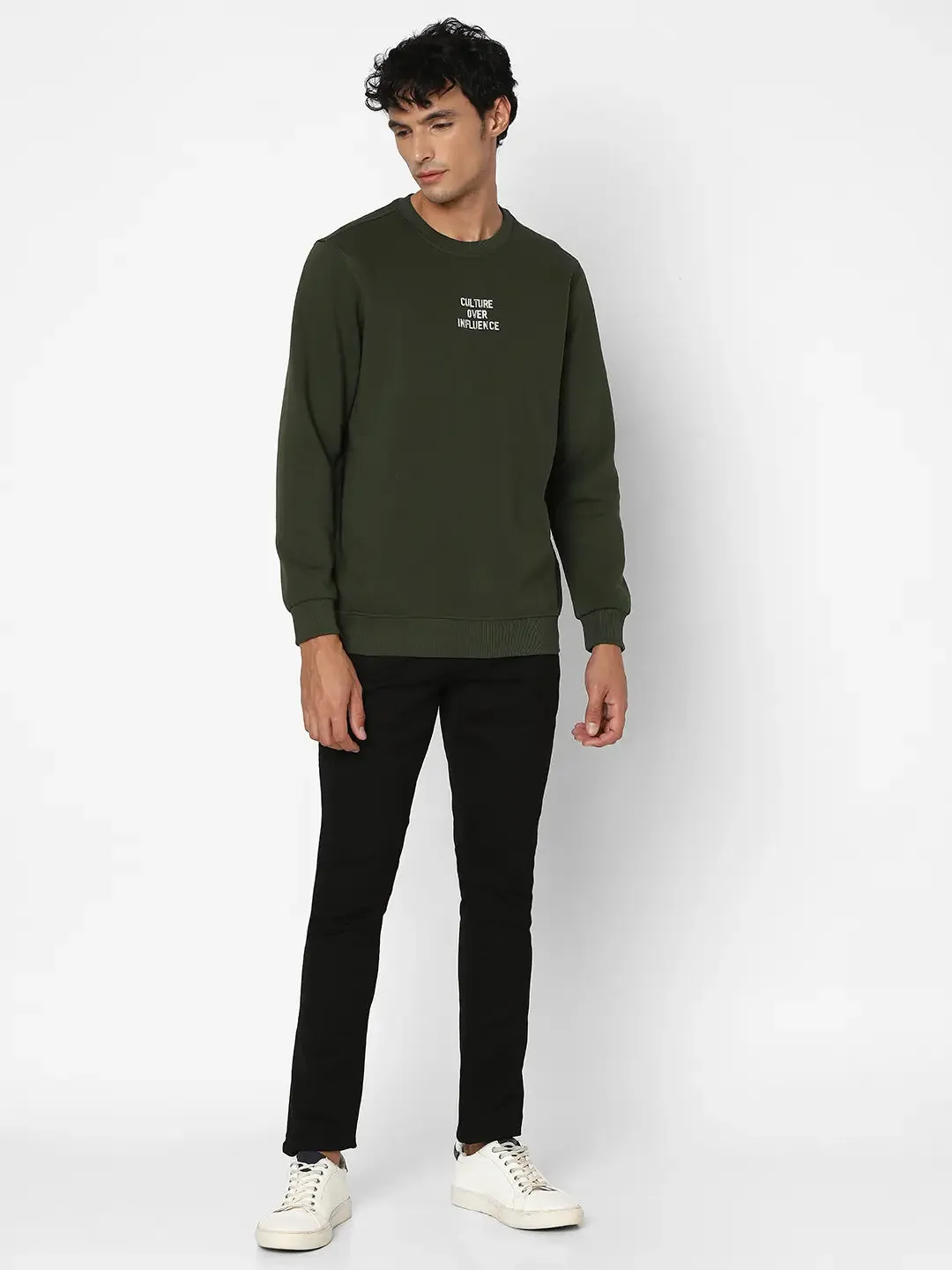 Spykar Men Rifle Green Blended Slim Fit Full Sleeve Round Neck Plain Casual Sweatshirt