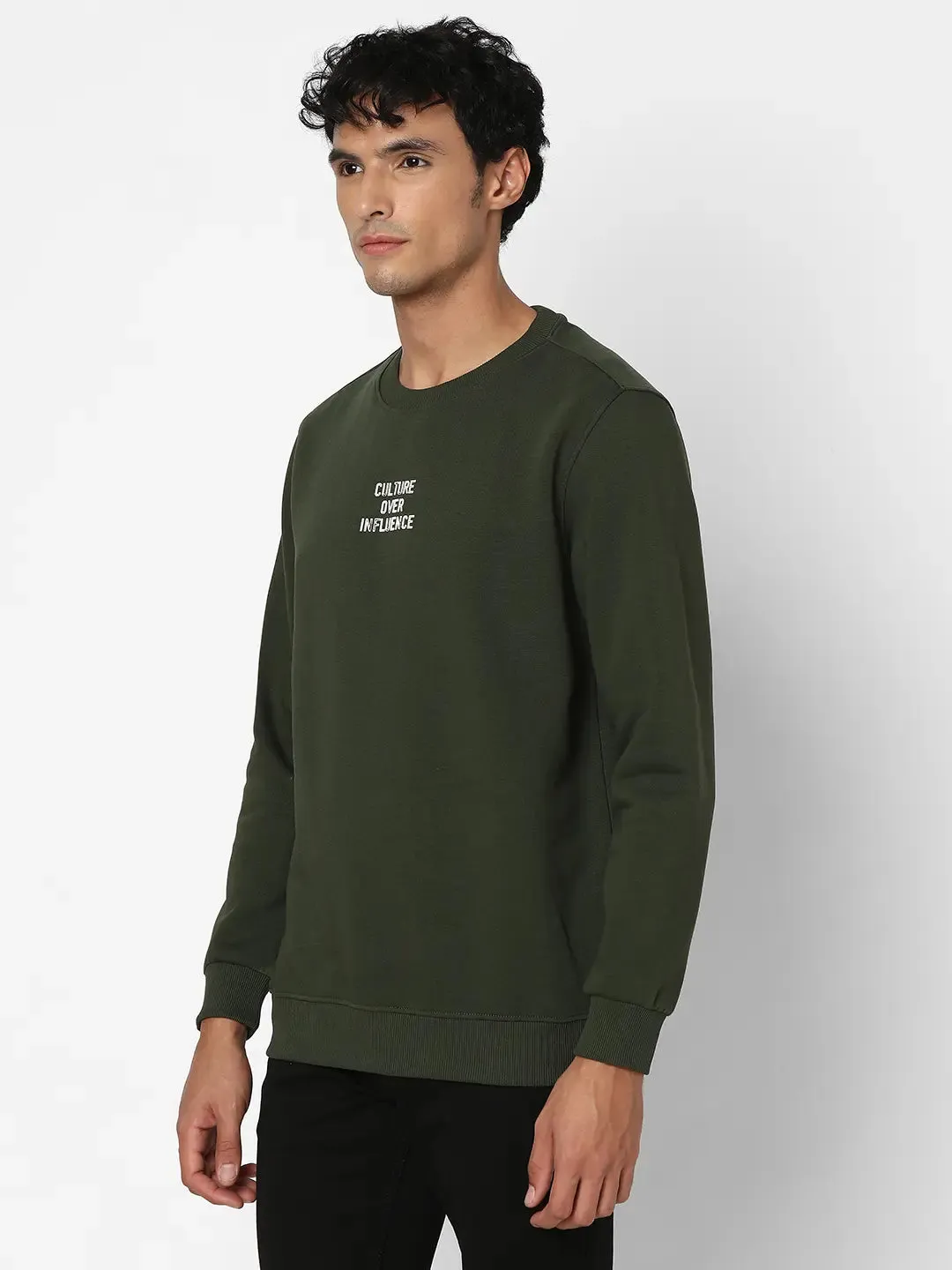 Spykar Men Rifle Green Blended Slim Fit Full Sleeve Round Neck Plain Casual Sweatshirt