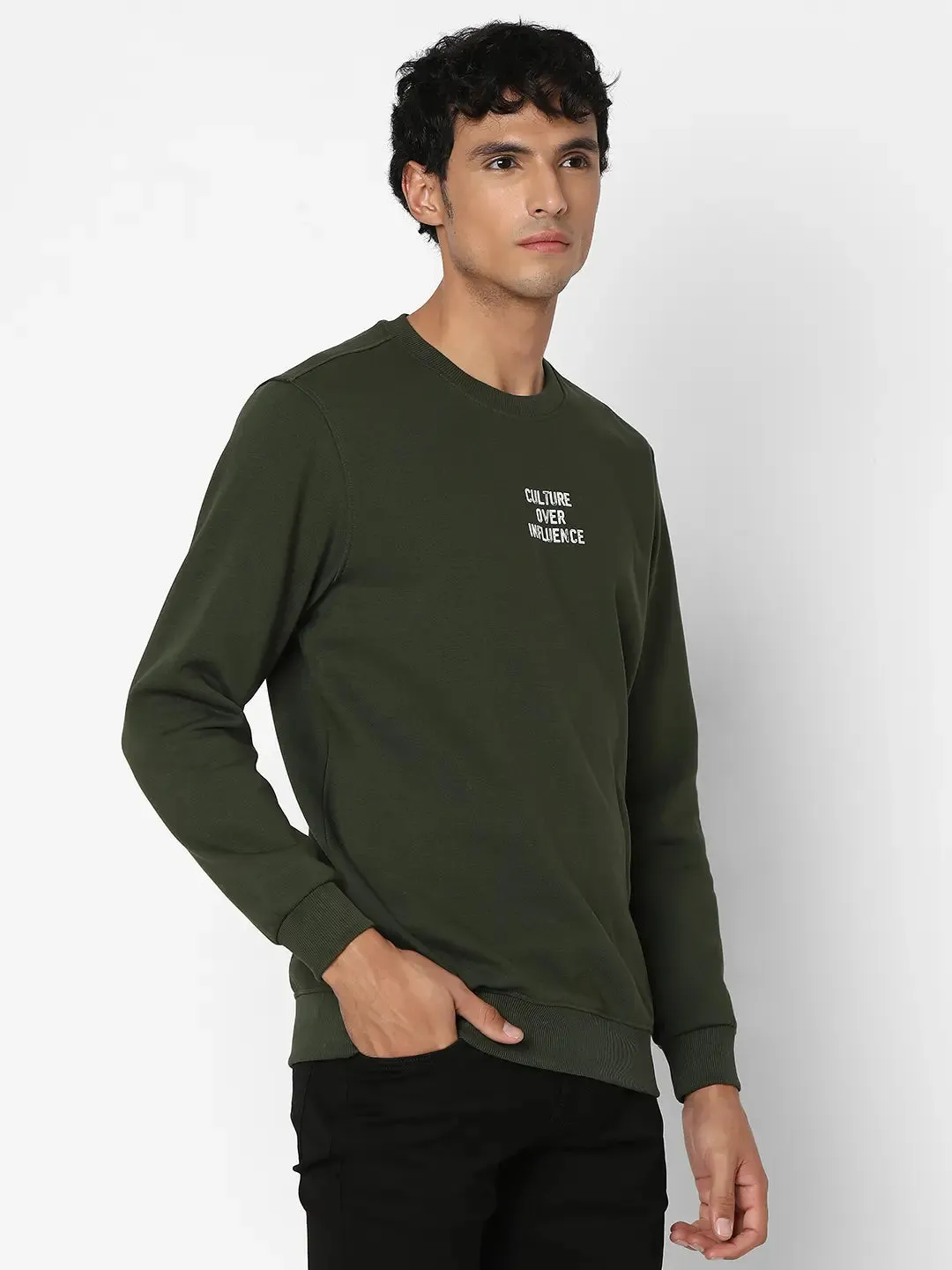 Spykar Men Rifle Green Blended Slim Fit Full Sleeve Round Neck Plain Casual Sweatshirt