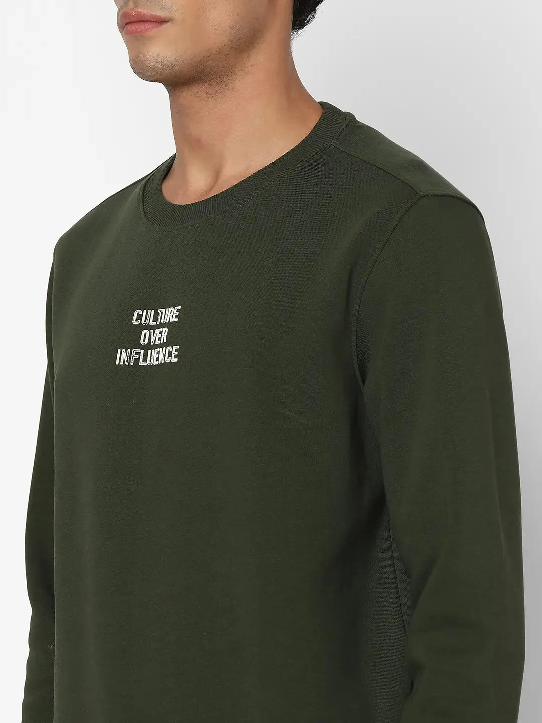 Spykar Men Rifle Green Blended Slim Fit Full Sleeve Round Neck Plain Casual Sweatshirt