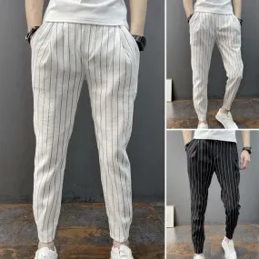 Striped Drawstring Harem Pants: Men's Slim Fit Elastic Waist Trousers with Ankle Tie