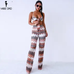 Two Pcs Set Off The Shoulder Women Lace Up Striped Jumpsuit