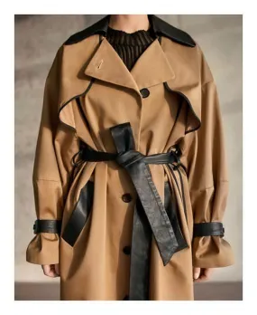 Wjczt Korea Runway designer 2022 Fall /Autum Leather Patchwork Maxi Long Trench coat with belt Chic Female windbreaker Classic