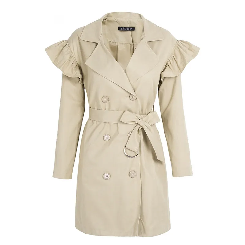 Women's Autumn Sash Pocket Ruffle Trench