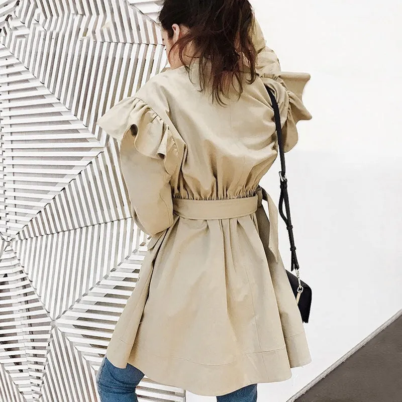 Women's Autumn Sash Pocket Ruffle Trench