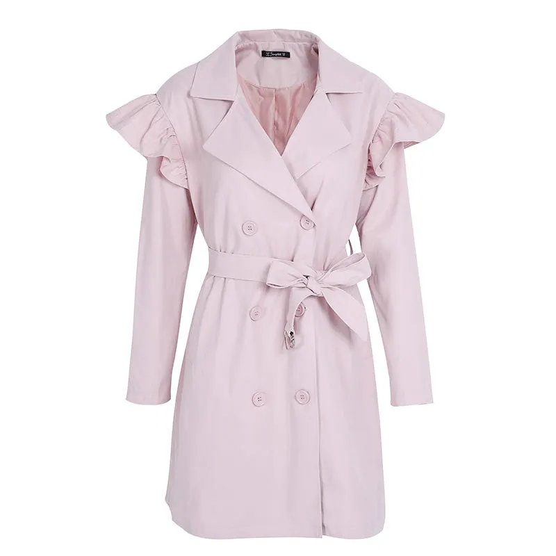 Women's Autumn Sash Pocket Ruffle Trench