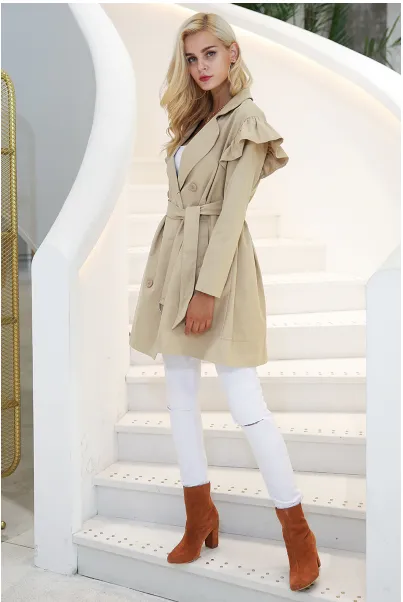 Women's Autumn Sash Pocket Ruffle Trench