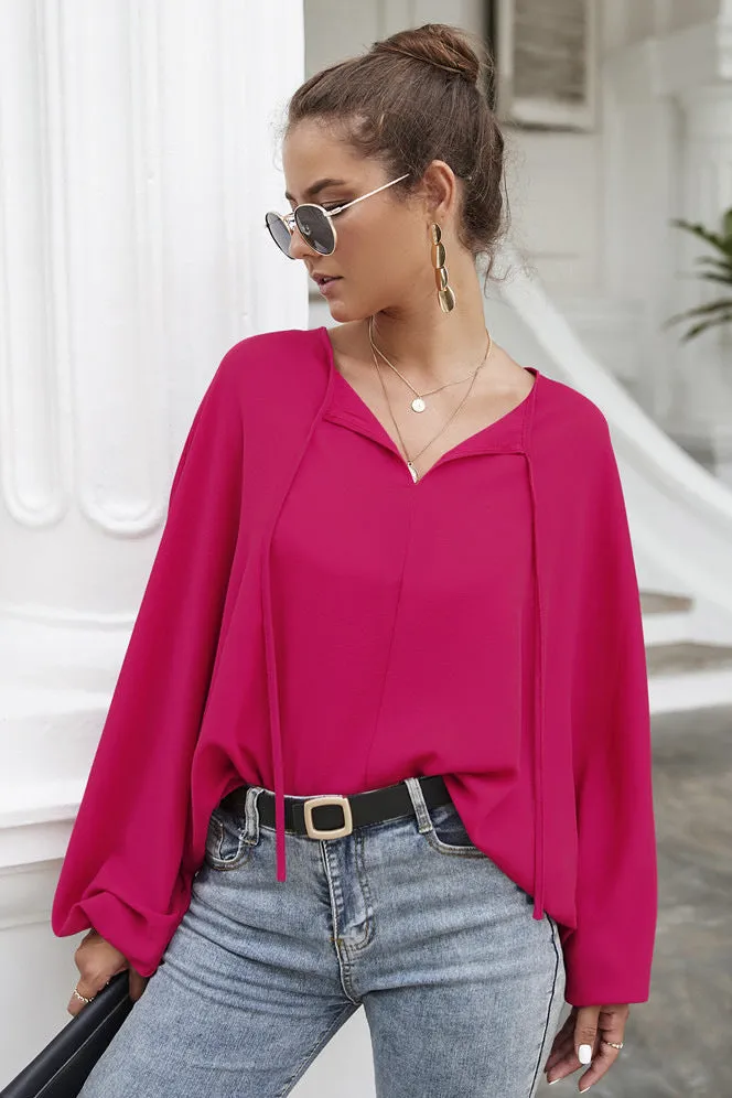 Women's Casual Loose Shirt Balloon Sleeve V-Neck Blouse Top