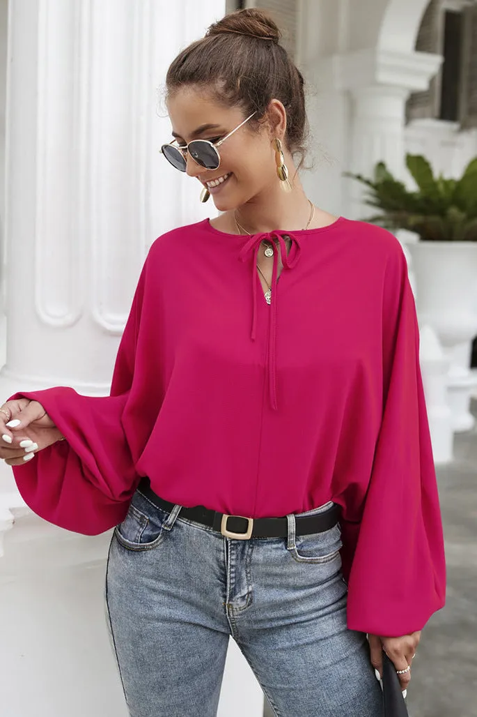 Women's Casual Loose Shirt Balloon Sleeve V-Neck Blouse Top