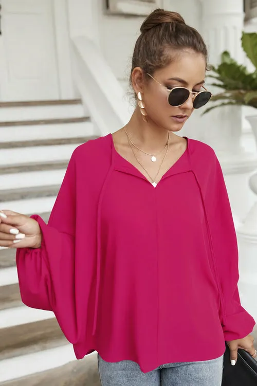 Women's Casual Loose Shirt Balloon Sleeve V-Neck Blouse Top