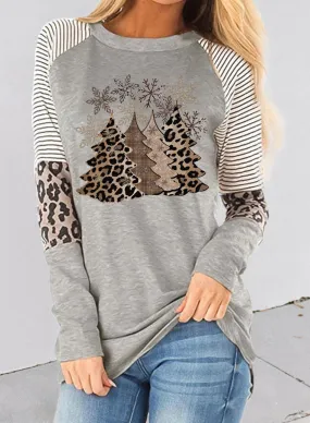 Women's Sweatshirts Striped Round Neck Long Sleeve Leopard Sweatshirts